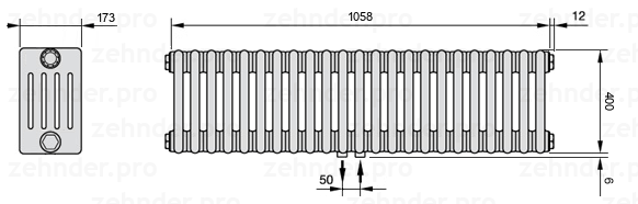 Схема (чертеж) Радиатор Zehnder Charleston 5040/23 №5410 Белый глянцевый RAL 9016